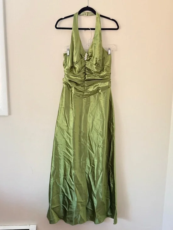 Vintage 90s Satin Slip Green Prom Dress Halter Rouched Maxi Gown Size 13/14 - Picture 12 of 17